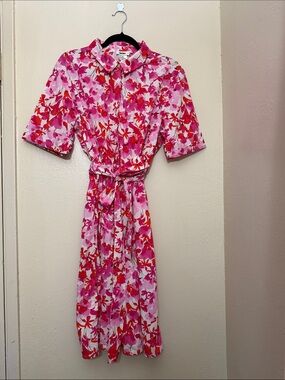 DKNY Pink & Red Floral Classic Chic Midi Shirt Dress